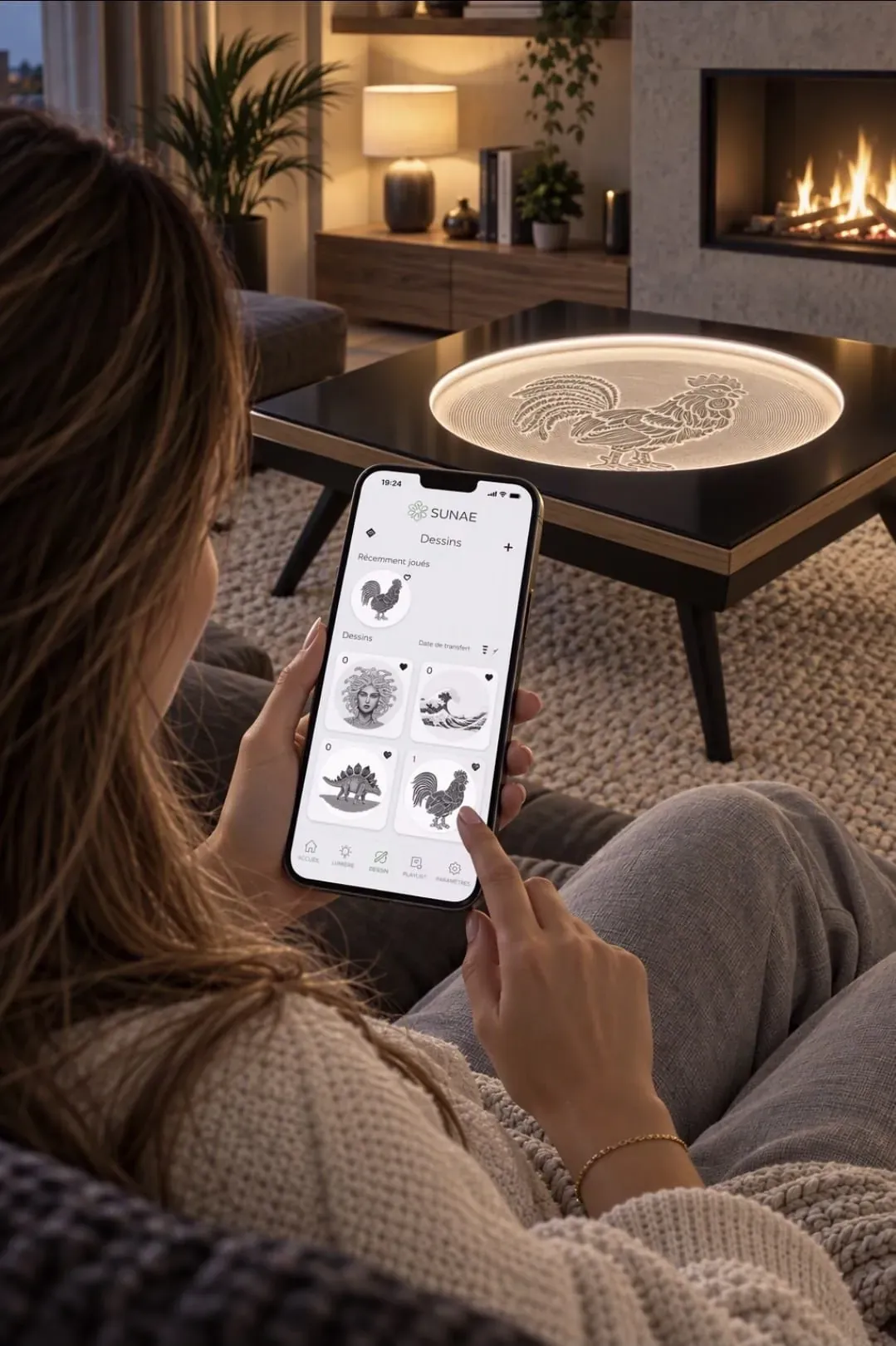 Eine Frau steuert ihren Sunae-Tisch mit der App vom Sofa aus